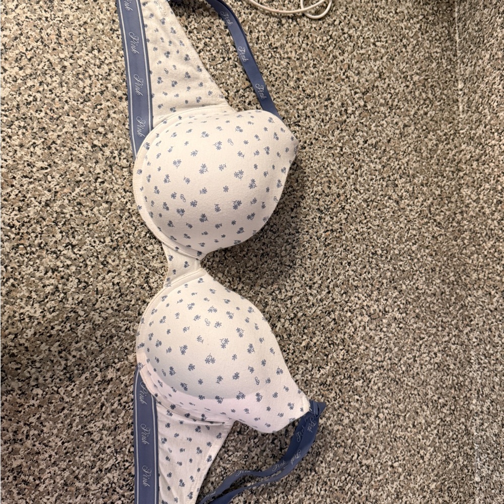 PINK Victoria's Secret White Demi Bra with Blue Floral Print
